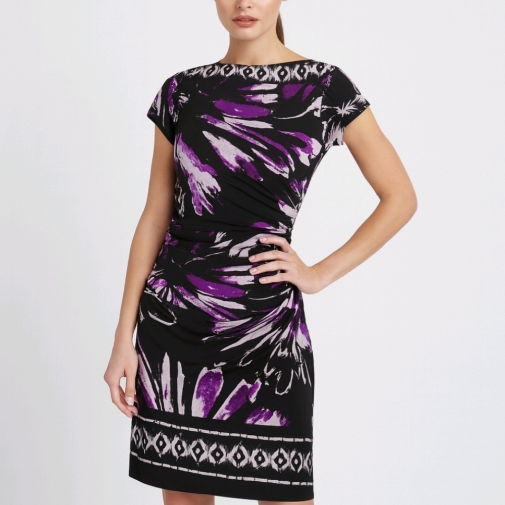 Carole Little Dress Black Purple Floral Abstract Short Sleeve Sheath Size 6 NEW